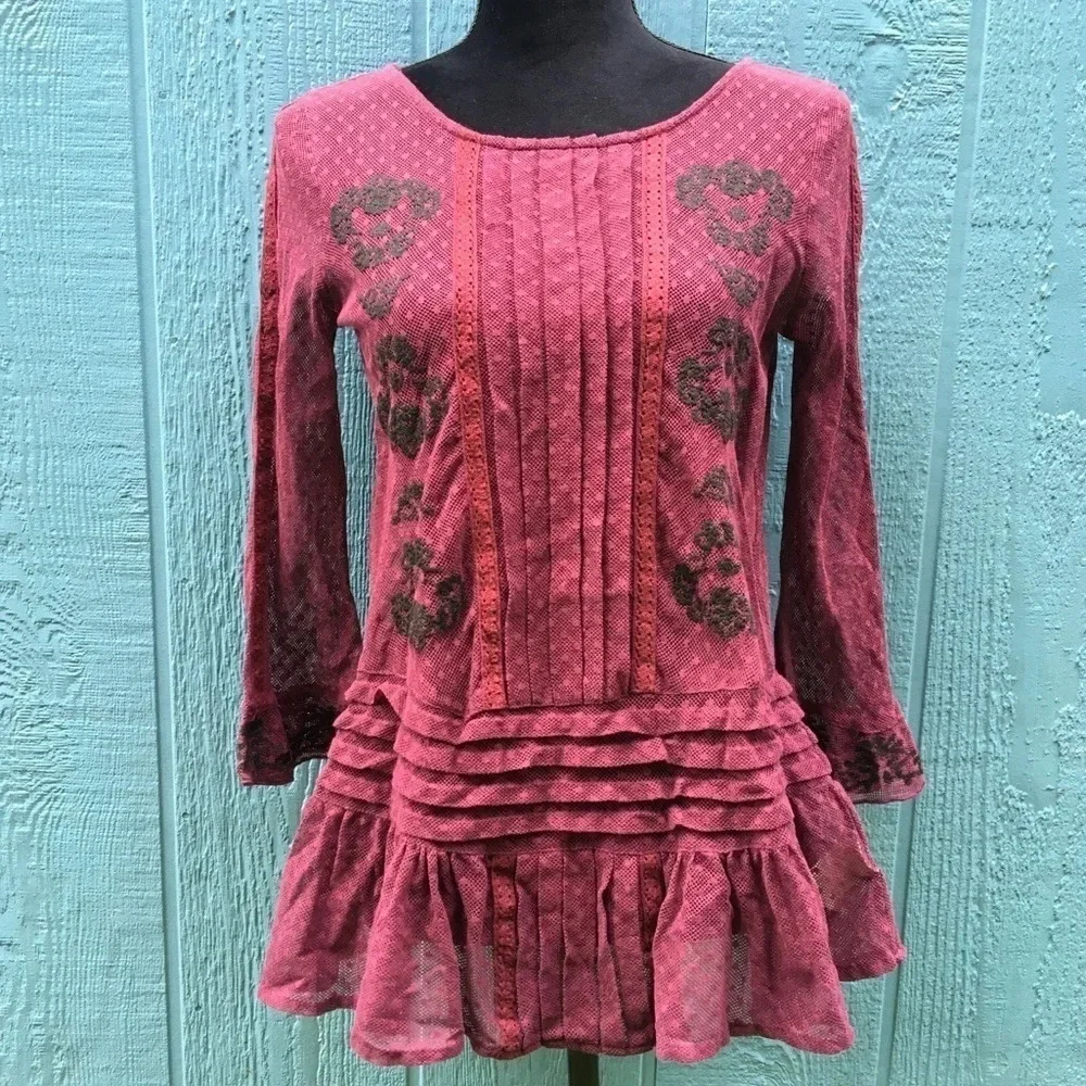 Free People Pink Embroidered Lace Peplum Top XS